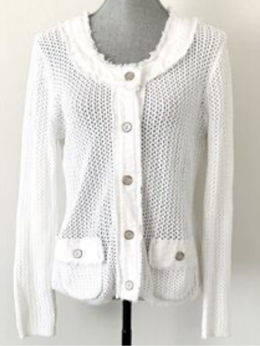 Laura Ashley white lightweight knit sweater front and linen blend back cardigan